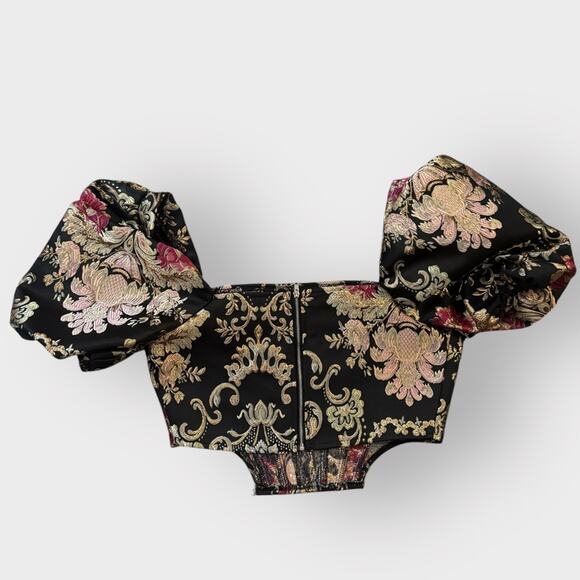 BOUTIQUE PUFF SLEEVE BUSTIER BROCADE JACQUARD CROP TOP, MEDIUM - Picture 7 of 10